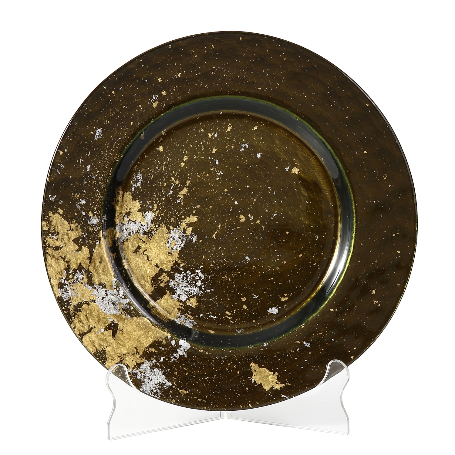 Syosaku Japanese Urushi Glass Dinner Plate 12.5-inch (32cm) Majestic Green with Gold Leaf, Dishwasher Safe