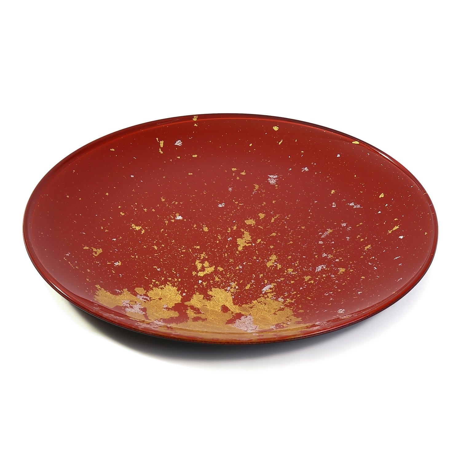 Syosaku Japanese Urushi Glass Flat Dinner Plate 11-inch (28cm) Vermilion with Gold Leaf, Dishwasher Safe