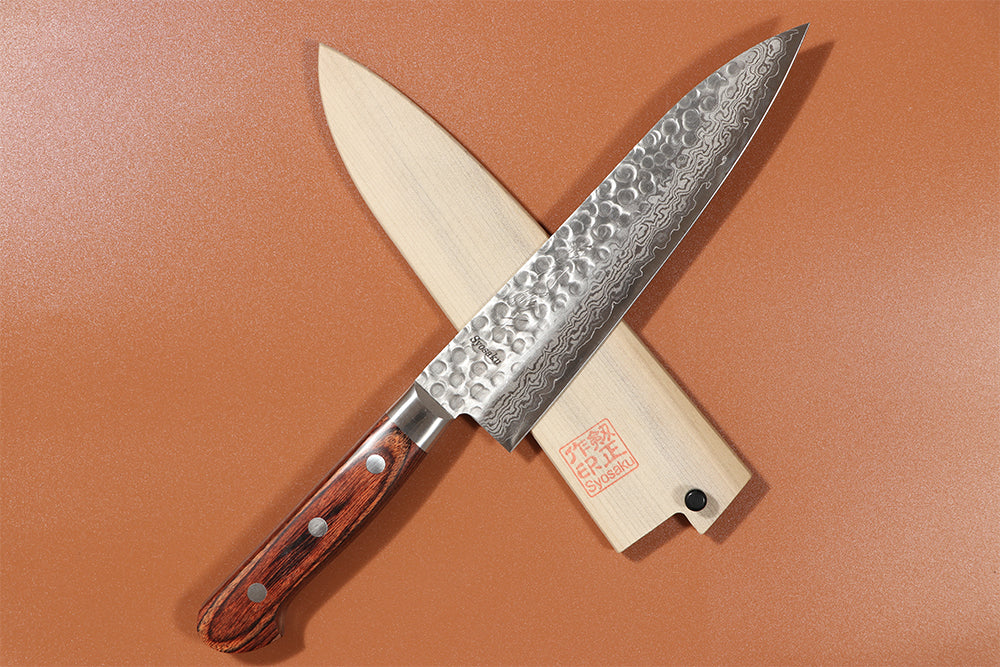 2024-10-15 Hammered Damascus Gyuto 7-inch (180mm) with Magnolia Sheath Saya Cover for Chef Shuji Furukawa