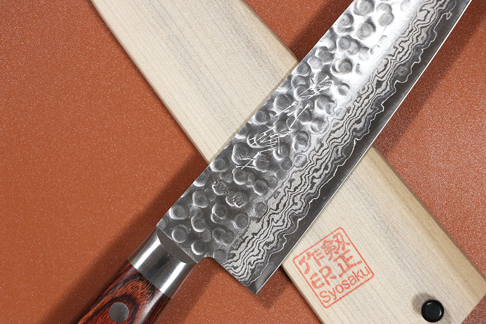 2024-10-15 Hammered Damascus Gyuto 7-inch (180mm) with Magnolia Sheath Saya Cover for Chef Shuji Furukawa