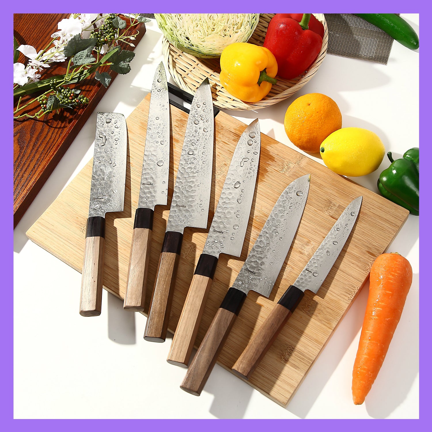 Syosaku Japanese Vegetable Knife Hammered Damascus VG-10 46 Layer Octagonal Walnut Handle, Nakiri 6.3-inch (160mm)