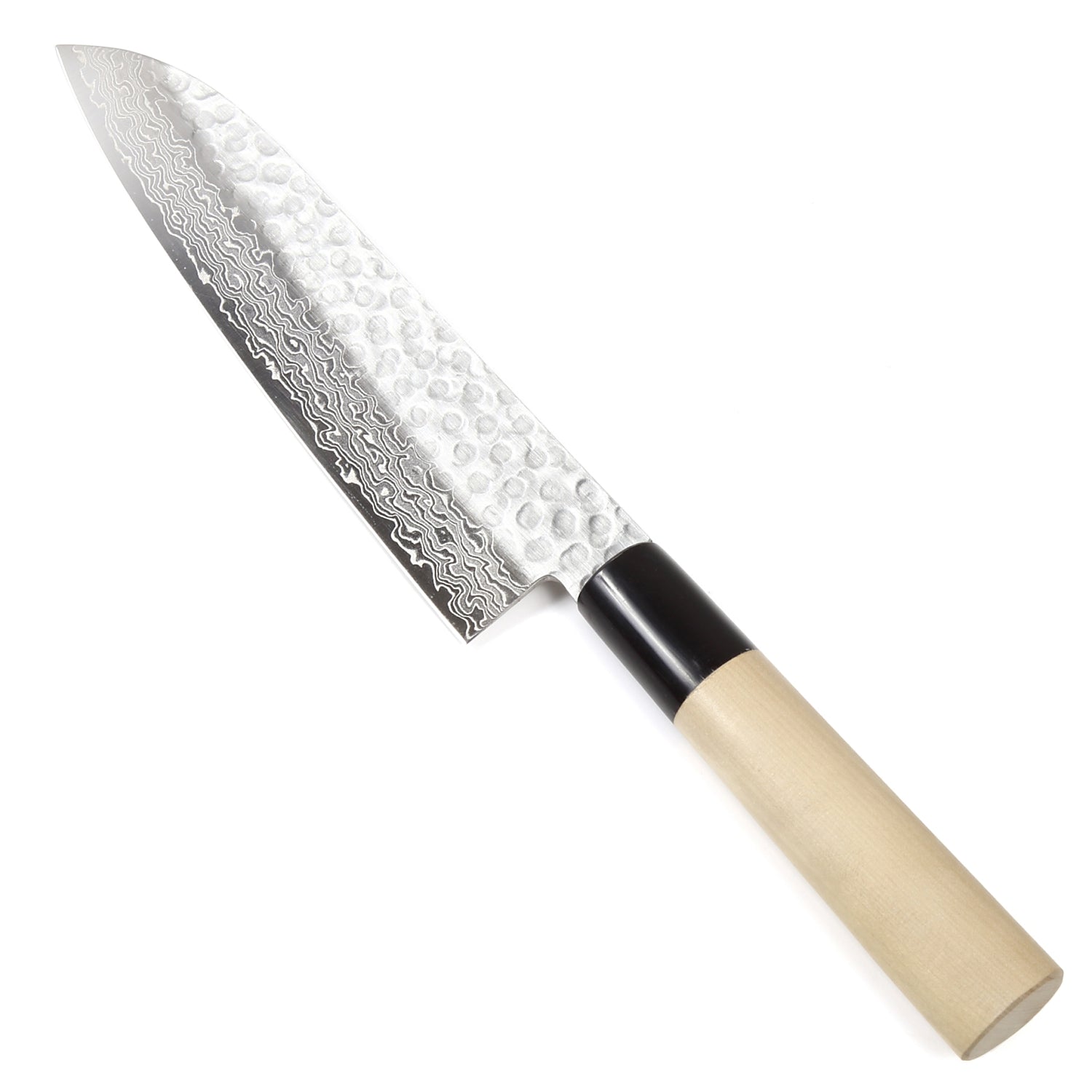 Syosaku Japanese Multi-Purpose Chef Knife Hammered Damascus VG-10 46 Layer D-Shape Magnolia Wood Handle, Santoku 7-inch (180mm)