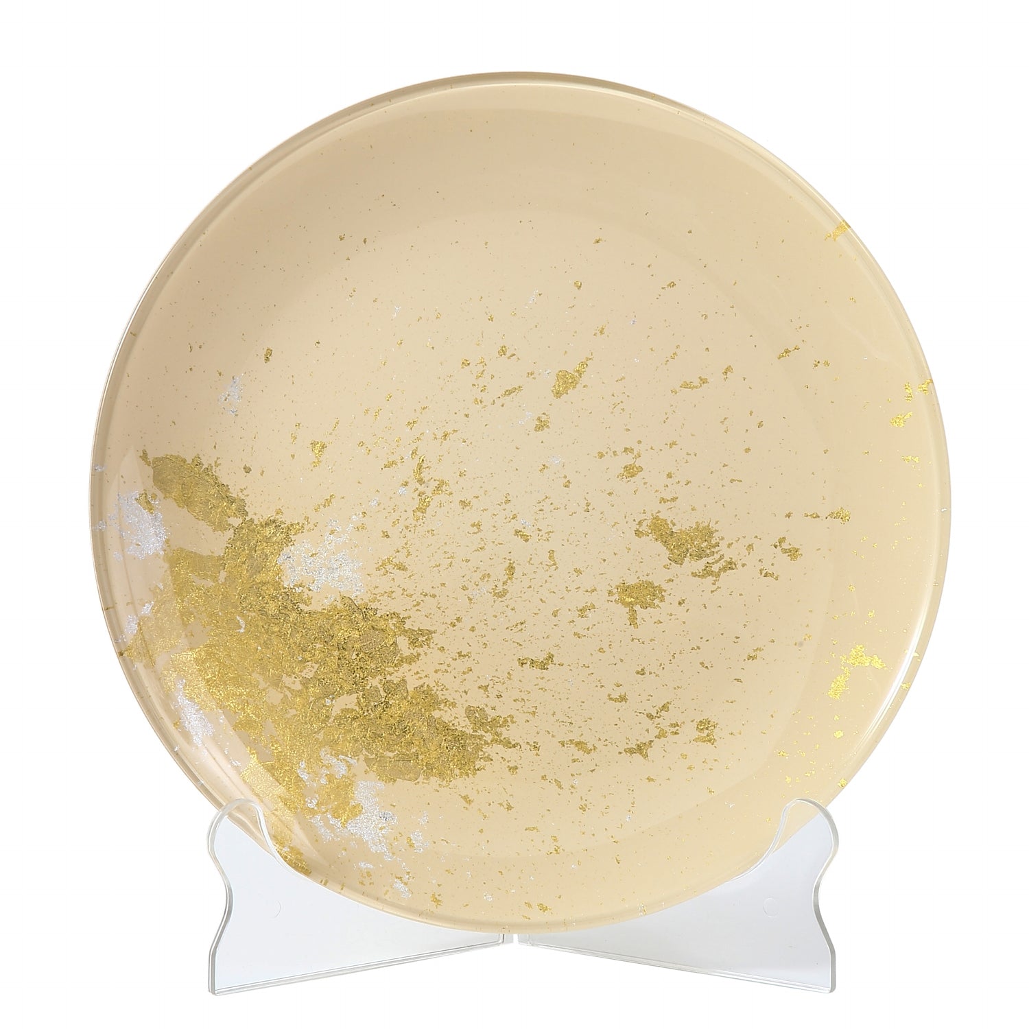 Syosaku Japanese Urushi Glass Flat Dinner Plate 11-inch (28cm) Light Beige with Gold Leaf, Dishwasher Safe