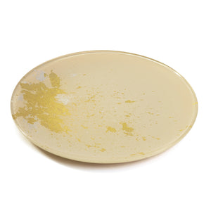 Syosaku Japanese Urushi Glass Flat Dinner Plate 11-inch (28cm) Light Beige with Gold Leaf, Dishwasher Safe