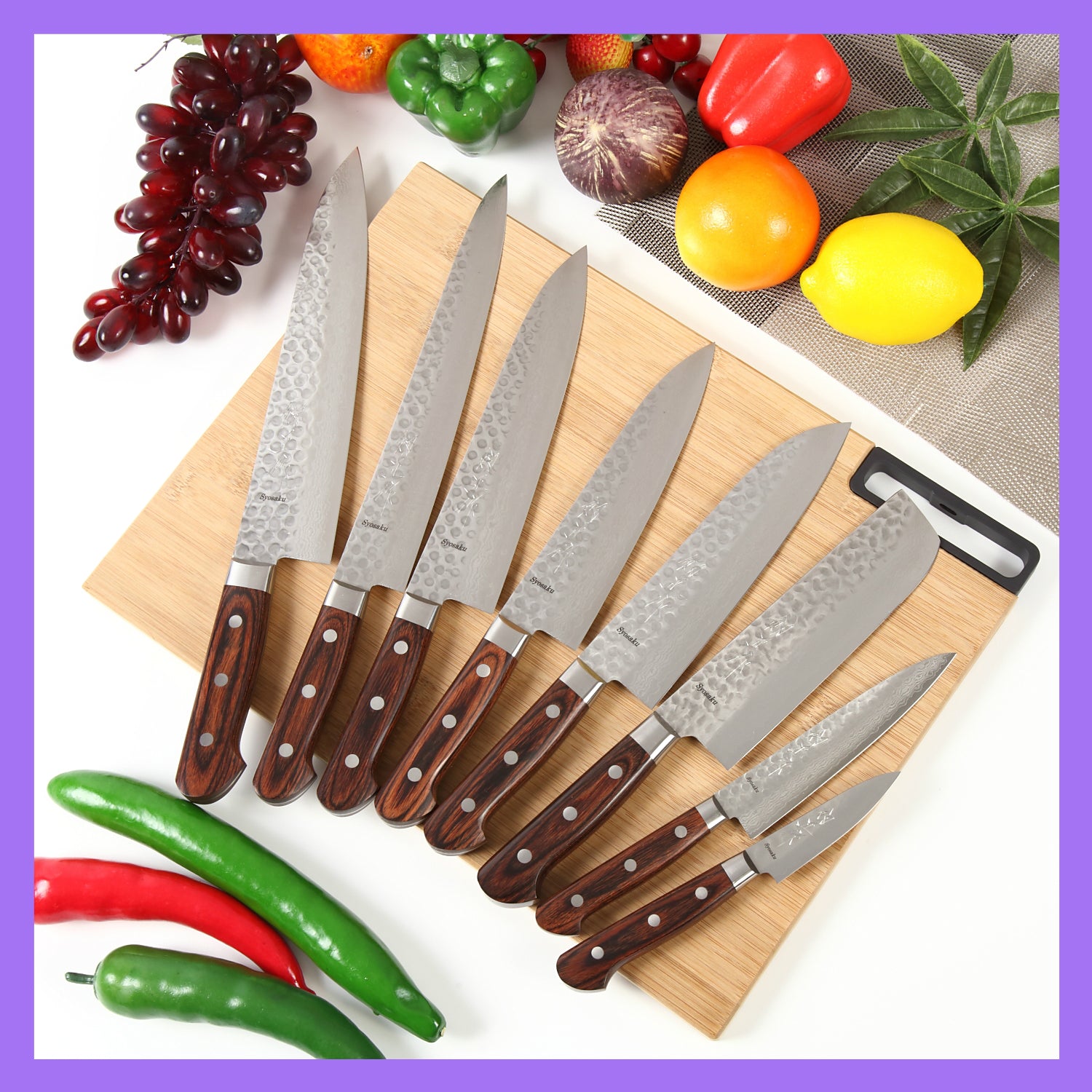 Syosaku Japanese Chef Knife Hammered Damascus VG-10 16 Layer Mahogany Handle, Gyuto 7-inch (180mm)