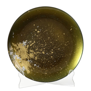 Syosaku Japanese Urushi Glass Flat Dinner Plate 11-inch (28cm) Majestic Green with Gold Leaf, Dishwasher Safe