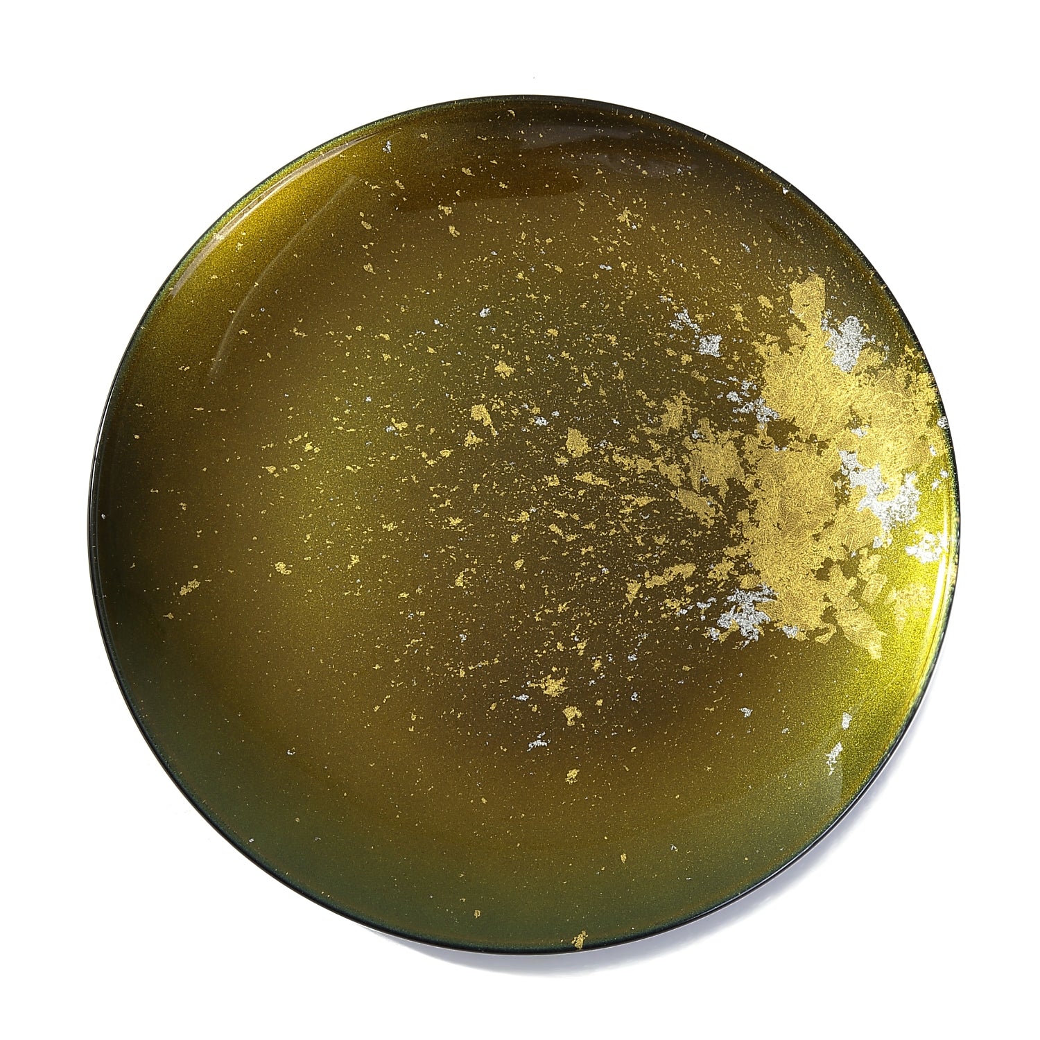 Syosaku Japanese Urushi Glass Flat Dinner Plate 11-inch (28cm) Majestic Green with Gold Leaf, Dishwasher Safe