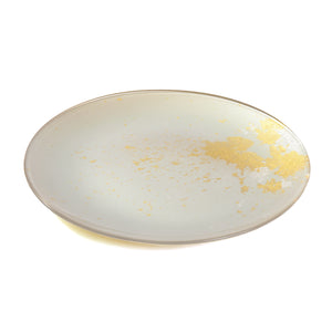 Syosaku Japanese Urushi Glass Flat Dinner Plate 11-inch (28cm) Majestic White with Gold Leaf, Dishwasher Safe