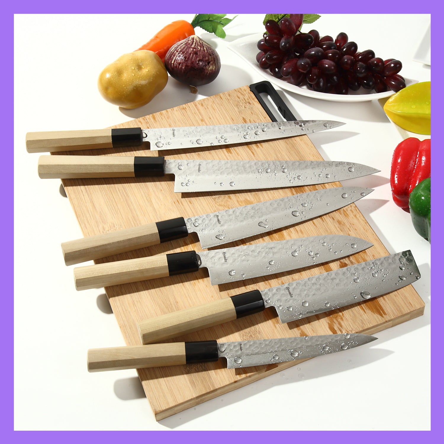 Syosaku Japanese Multi-Purpose Chef Knife Hammered Damascus VG-10 46 Layer Octagonal Magnolia Wood Handle, Santoku 7-inch (180mm)