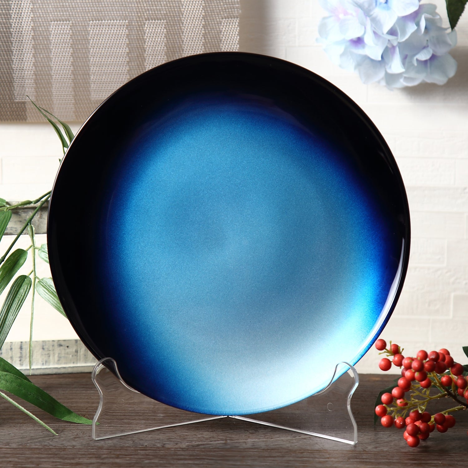 Syosaku Japanese Urushi Glass Flat Dinner Plate 11-inch (28cm) Gradation Blue, Dishwasher Safe