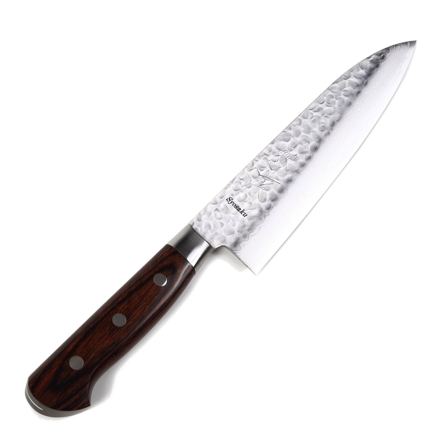 Syosaku Japanese Chef Knife Hammered Damascus VG-10 16 Layer Mahogany Handle, Gyuto 7-inch (180mm)