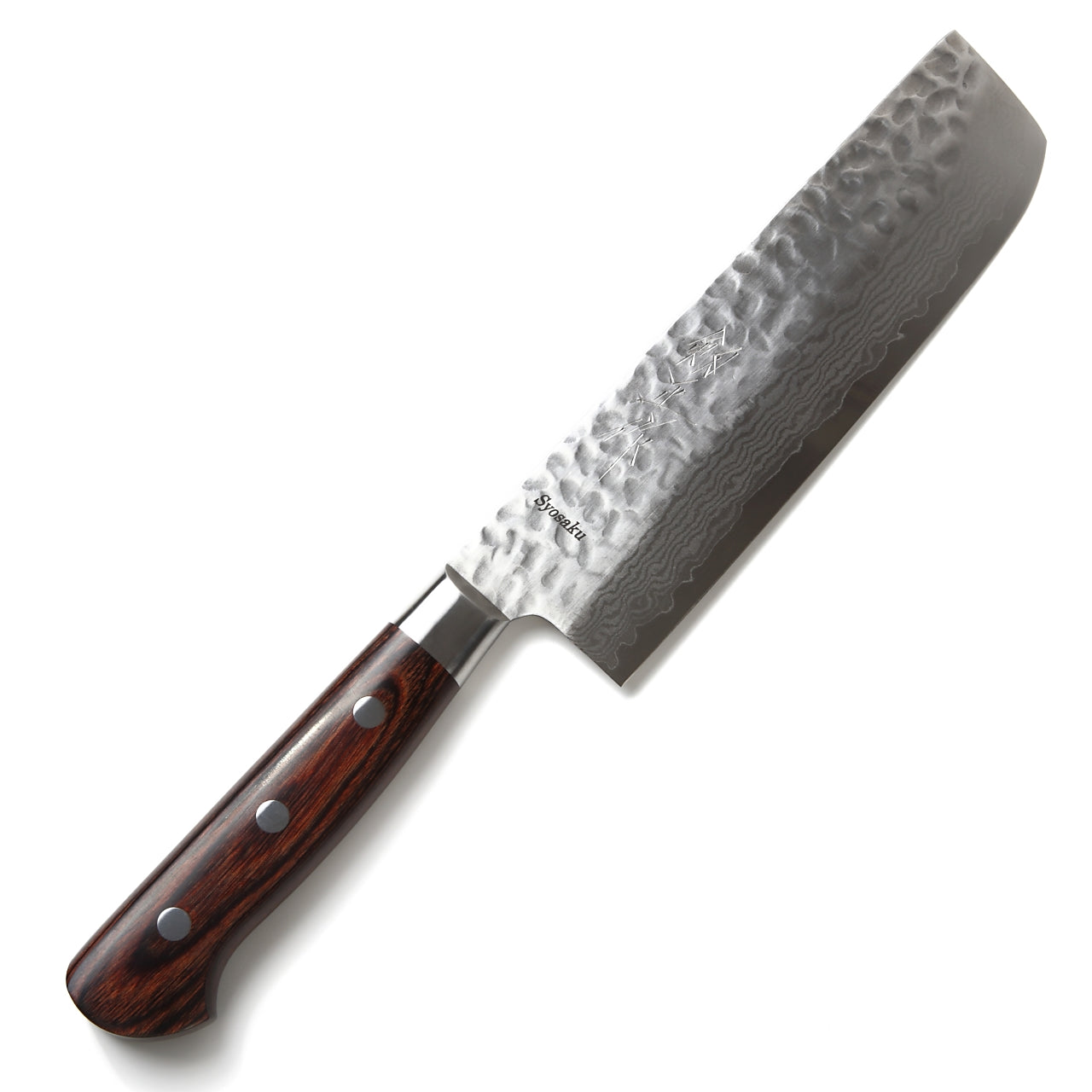 Syosaku Japanese Vegetable Knife Hammered Damascus VG-10 16 Layer Mahogany Handle, Nakiri 6.3-inch (160mm)