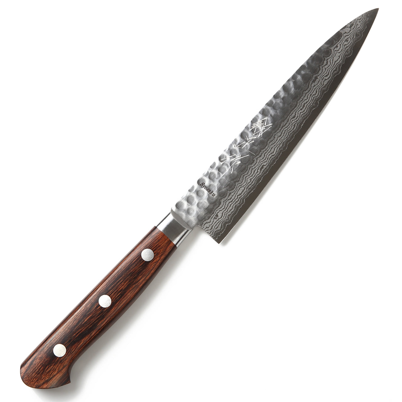 Syosaku Japanese Petty Knife Hammered Damascus VG-10 16 Layer Mahogany Handle, 5.3-inch (135mm)