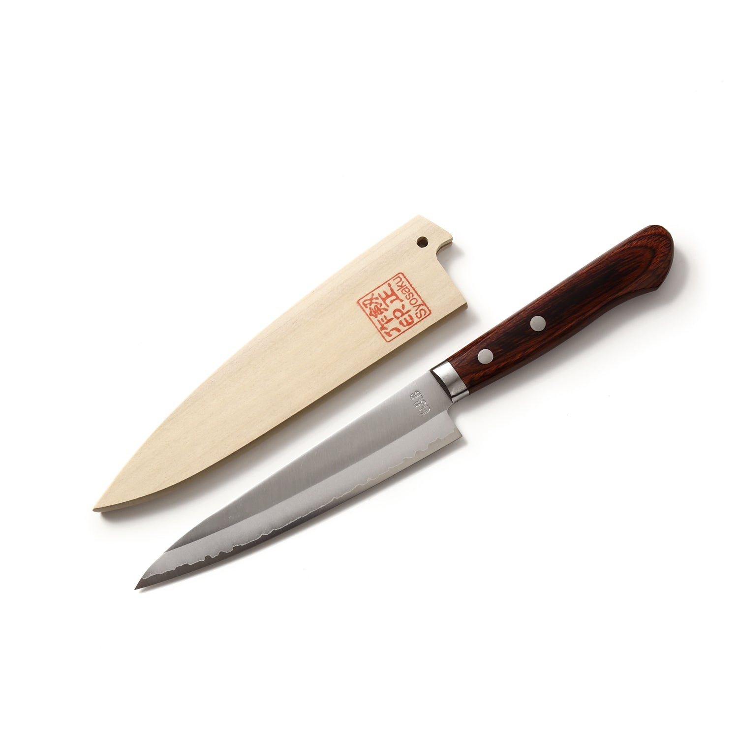 Syosaku Japanese Petty Knife VG-1 Gold Stainless Steel Mahogany Handle, 5.3-inch (135mm) with Magnolia Wood Sheath Saya Cover