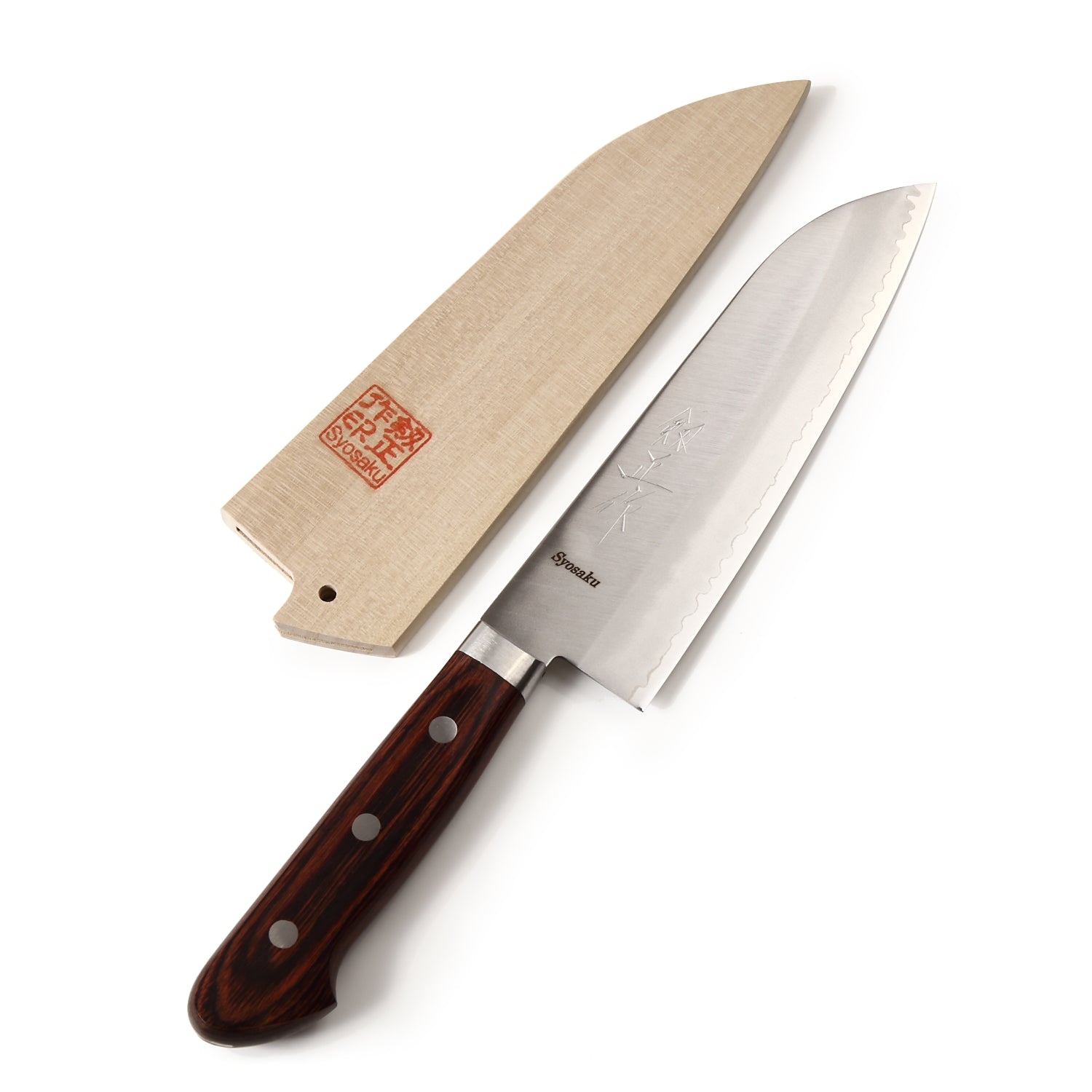 Syosaku Japanese Multi-Purpose Chef Knife VG-1 Gold Stainless Steel Mahogany Handle, Santoku 6.5-inch (165mm) with Magnoila Wood Sheath Saya Cover