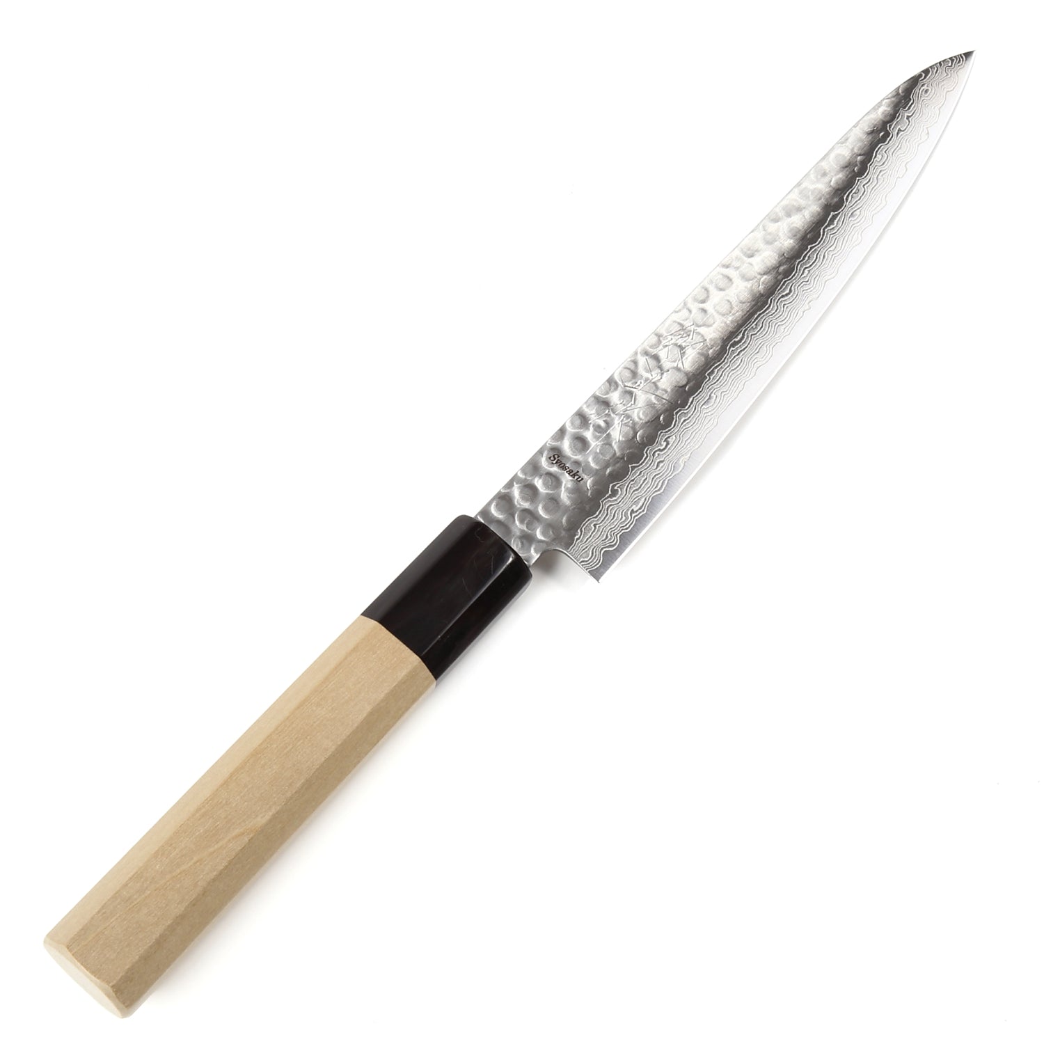 Syosaku Japanese Petty Knife Hammered Damascus VG-10 46 Layer Octagonal Magnolia Wood Handle, 6-inch (150mm)