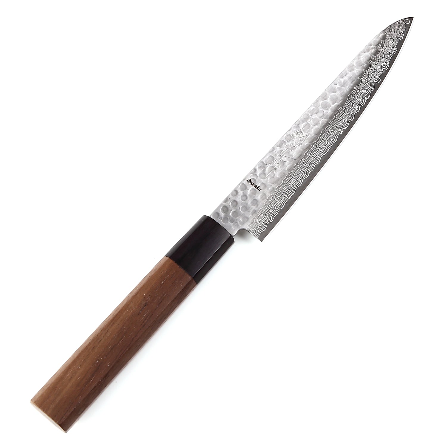 Syosaku Japanese Petty Knife Hammered Damascus VG-10 46 Layer Octagonal Walnut Handle, 6-inch (150mm)