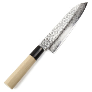Syosaku Japanese Multi-Purpose Chef Knife Hammered Damascus VG-10 46 Layer D-Shape Magnolia Wood Handle, Santoku 7-inch (180mm)