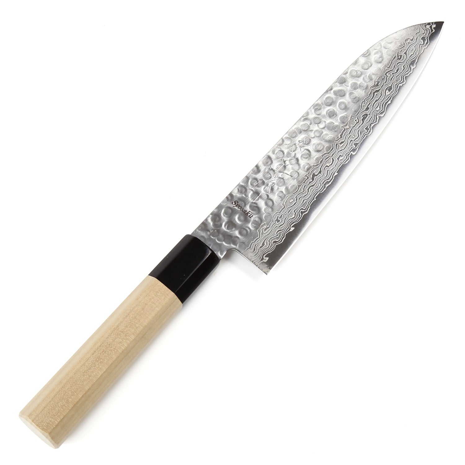 Syosaku Japanese Multi-Purpose Chef Knife Hammered Damascus VG-10 46 Layer Octagonal Magnolia Wood Handle, Santoku 7-inch (180mm)