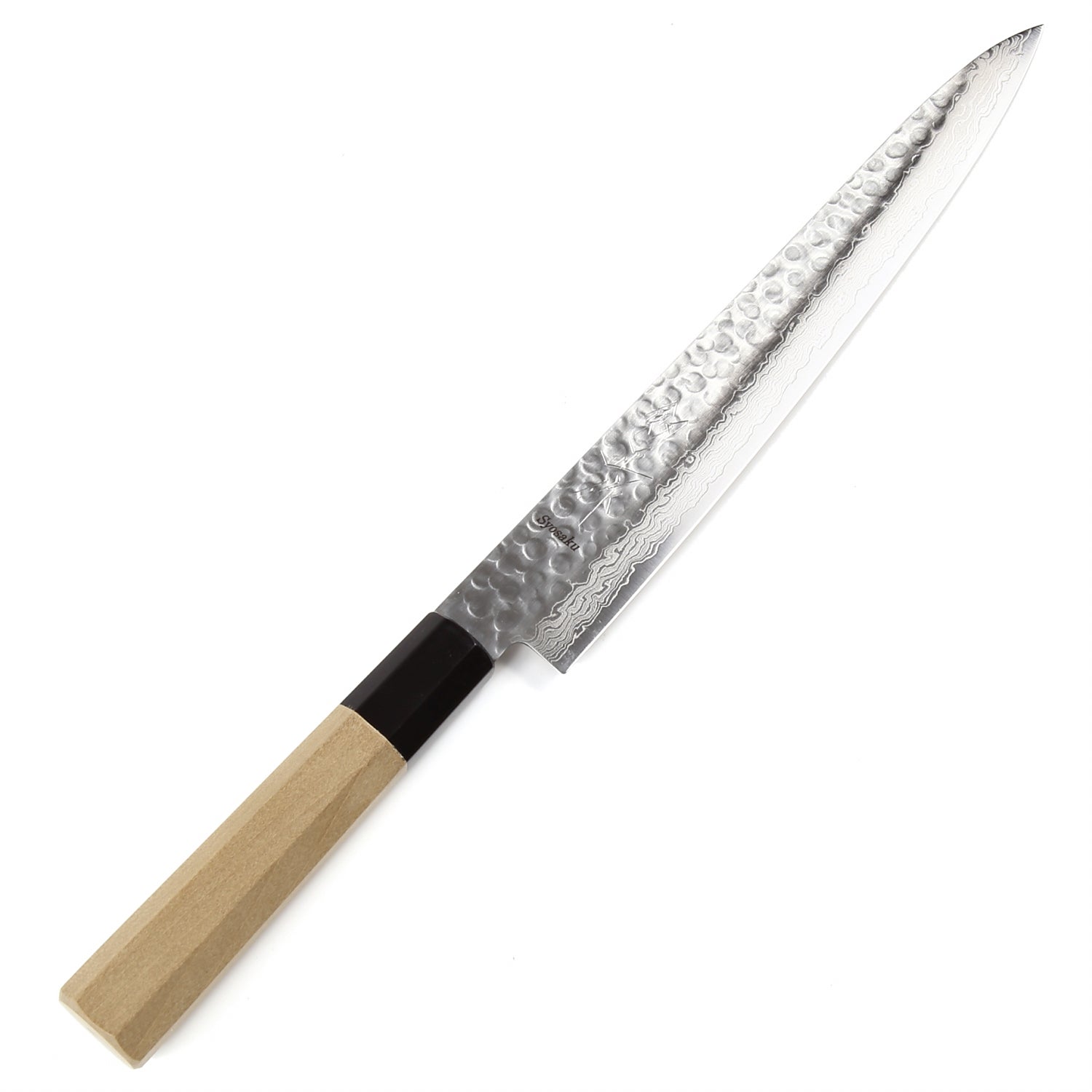 Syosaku Japanese Sujihiki Knife Hammered Damascus VG-10 46 Layer Octagonal Magnolia Wood Handle, Slicer 9.5-inch (240mm)