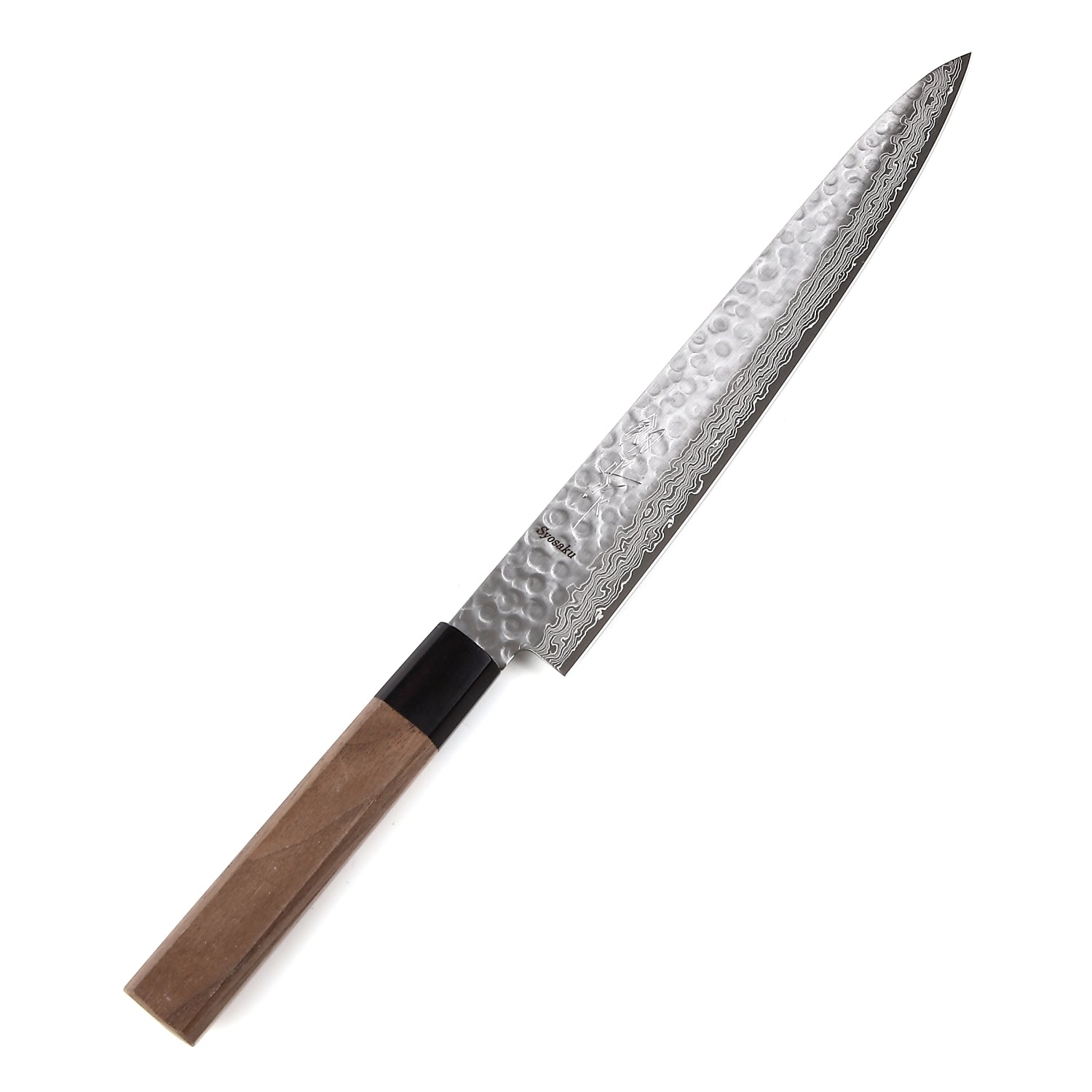Syosaku Japanese Sujihiki Knife Hammered Damascus VG-10 46 Layer Octagonal Walnut Handle, Slicer 9.5-inch (240mm)