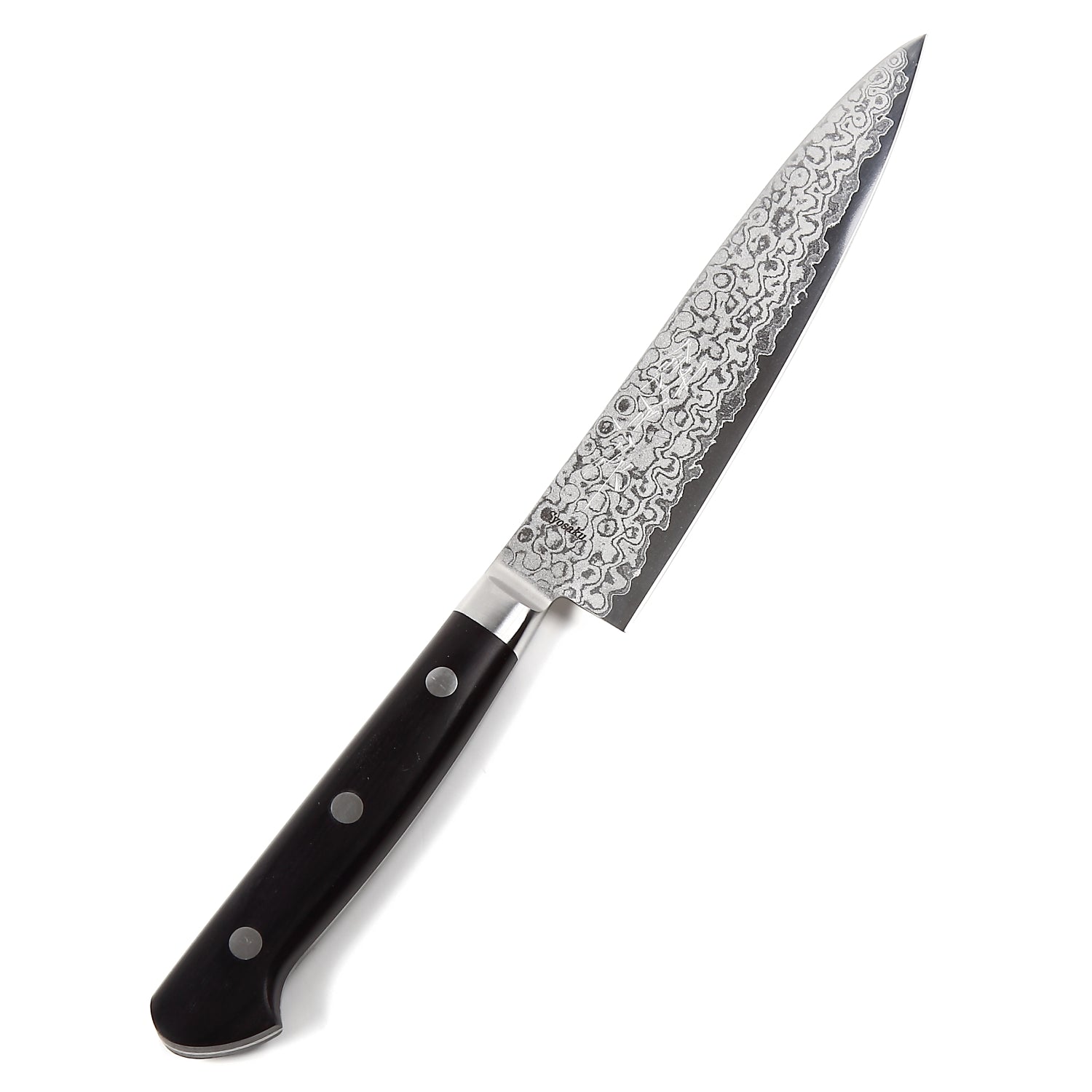 Syosaku Japanese Petty Knife Shaded Damascus VG-10 16 Layer Black Pakkawood Handle, 5.3-inch (135mm)