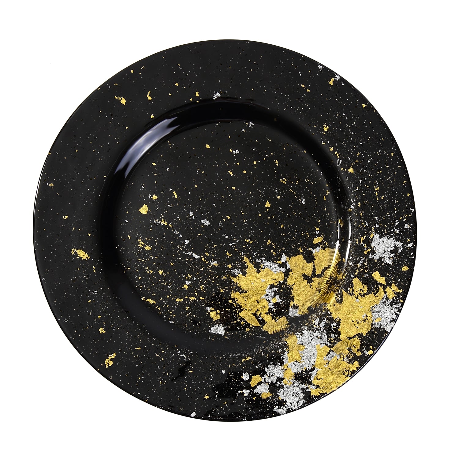 Syosaku Japanese Urushi Glass Dinner Plate 12.5-inch (32cm) Jet Black with Gold Leaf, Dishwasher Safe