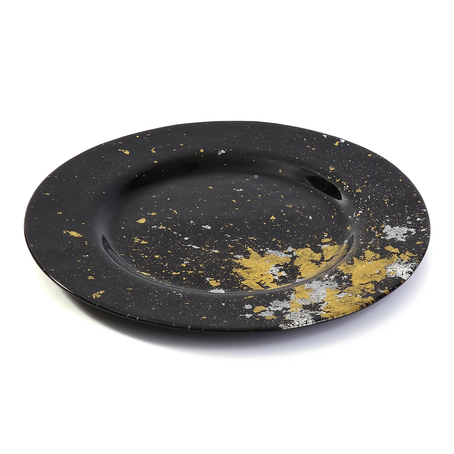 Syosaku Japanese Urushi Glass Dinner Plate 12.5-inch (32cm) Jet Black with Gold Leaf, Dishwasher Safe