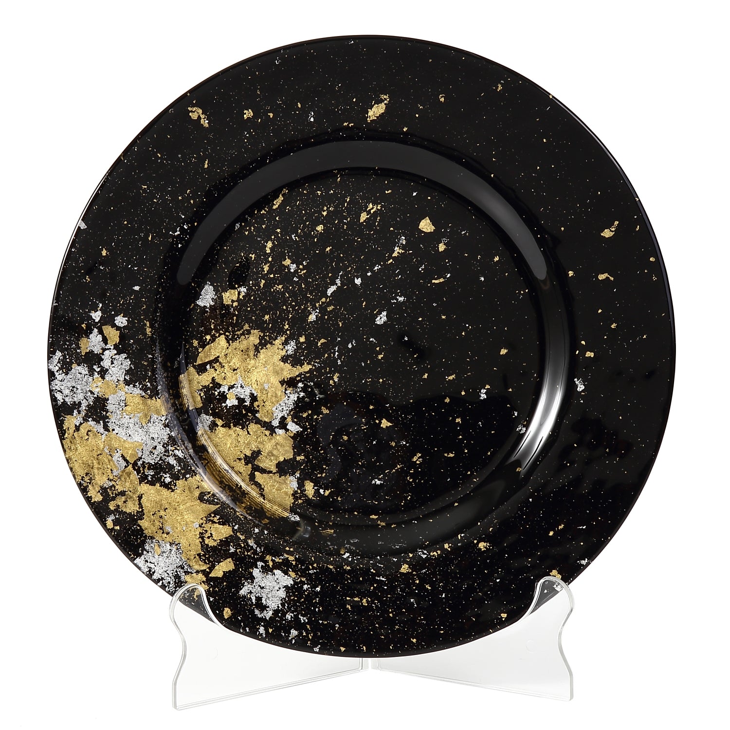 Syosaku Japanese Urushi Glass Dinner Plate 12.5-inch (32cm) Jet Black with Gold Leaf, Dishwasher Safe