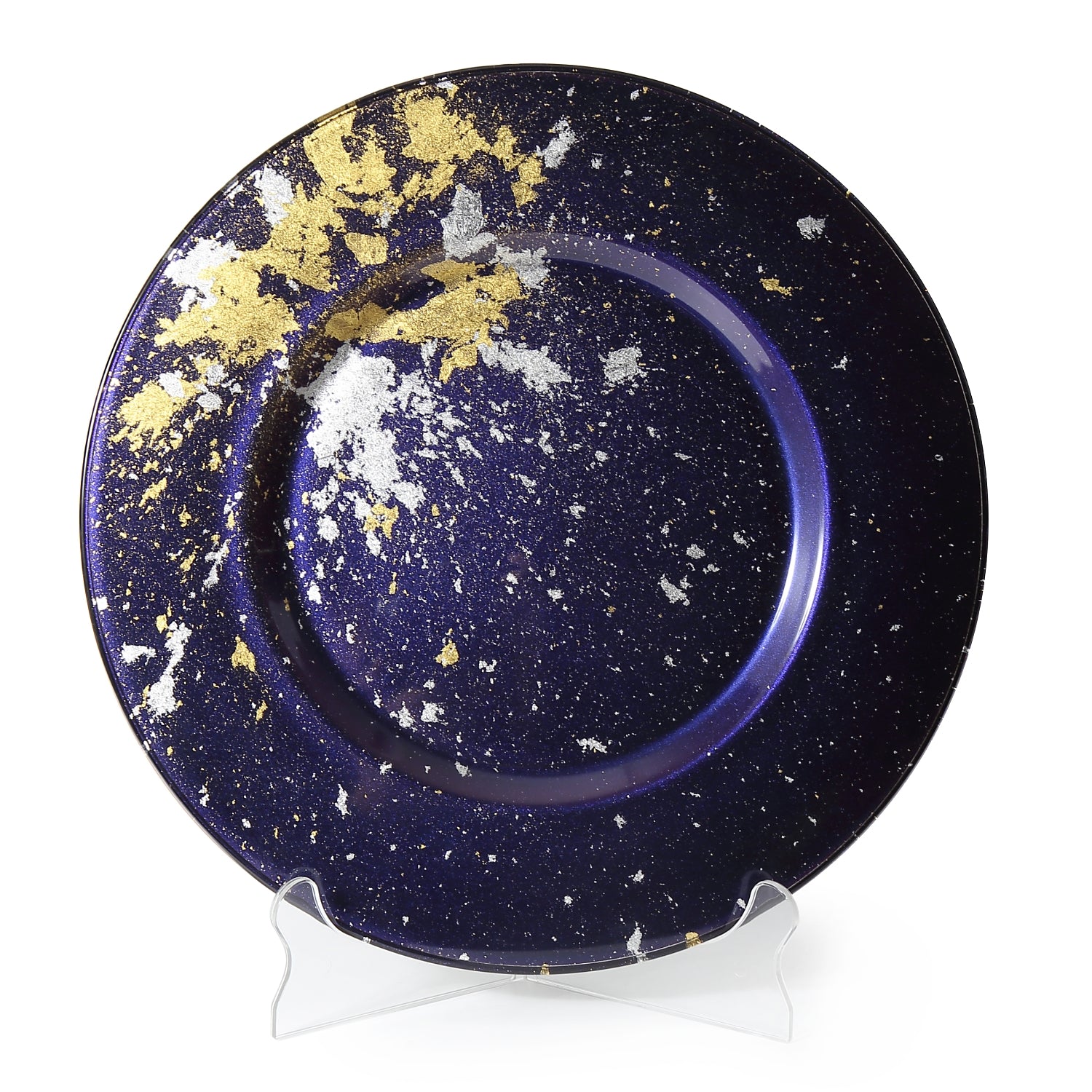 Syosaku Japanese Urushi Glass Charger Plate 13.9-inch (35cm) Majestic Blue with Gold Leaf, Dishwasher Safe