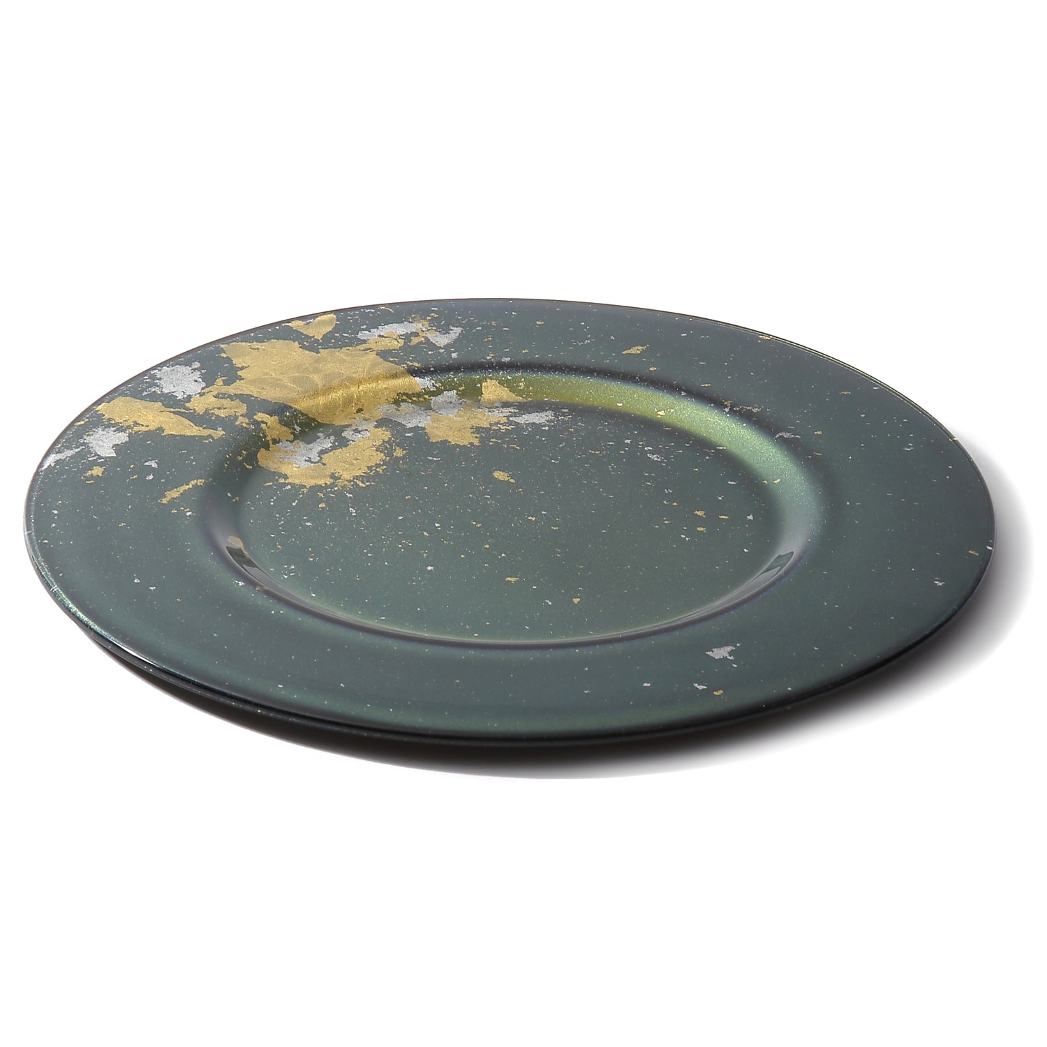 Syosaku Japanese Urushi Glass Charger Plate 13.9-inch (35cm) Majestic Green with Gold Leaf, Dishwasher Safe