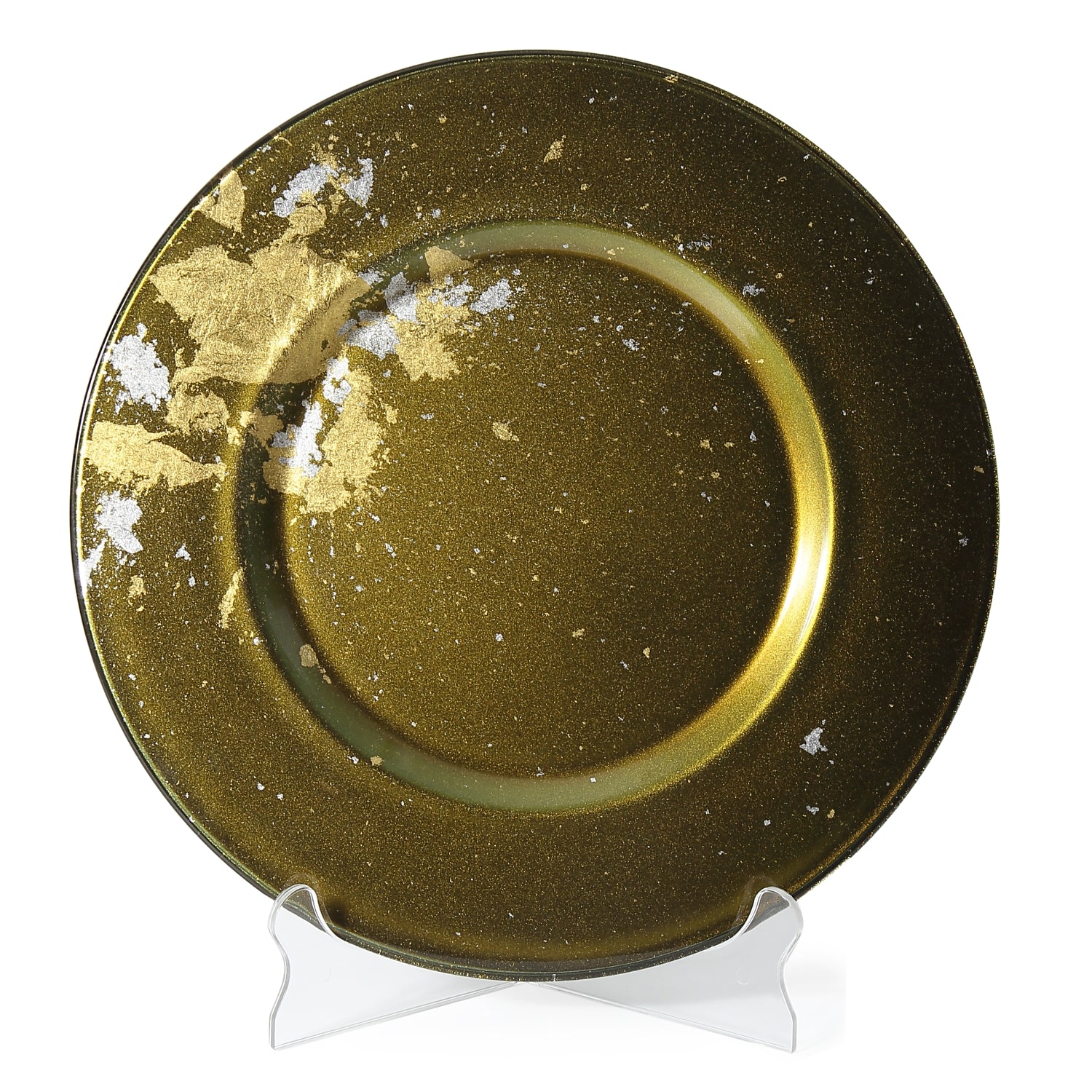 Syosaku Japanese Urushi Glass Charger Plate 13.9-inch (35cm) Majestic Green with Gold Leaf, Dishwasher Safe