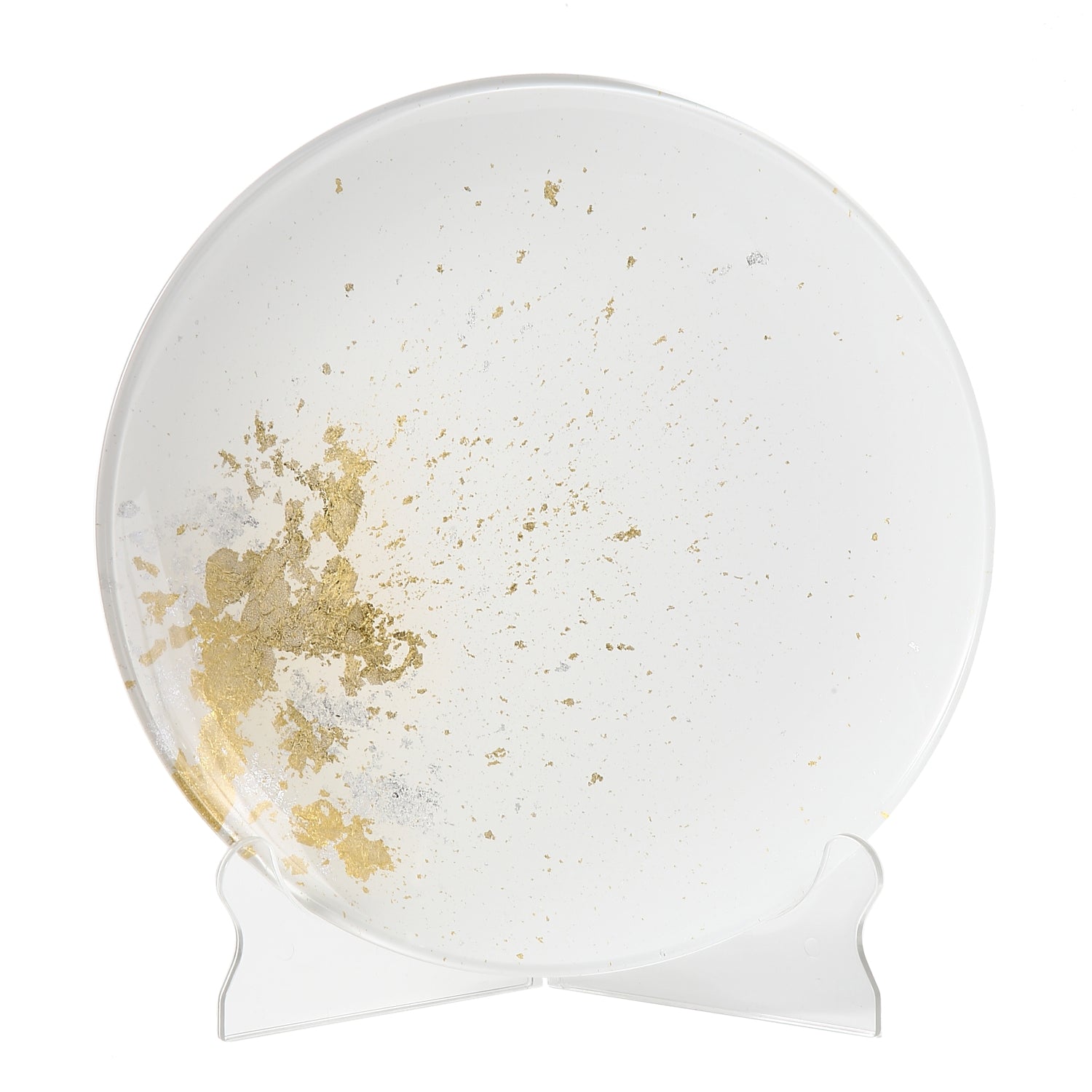 Syosaku Japanese Urushi Glass Flat Dinner Plate 11-inch (28cm) Pure White with Gold Leaf, Dishwasher Safe