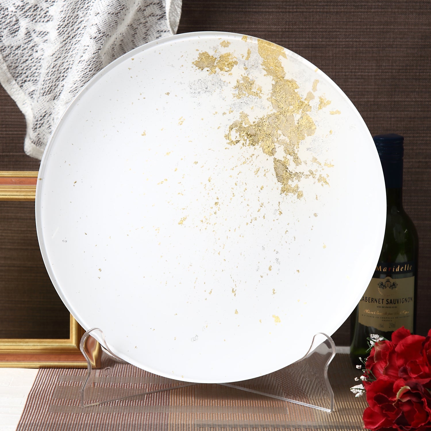 Syosaku Japanese Urushi Glass Flat Dinner Plate 11-inch (28cm) Pure White with Gold Leaf, Dishwasher Safe