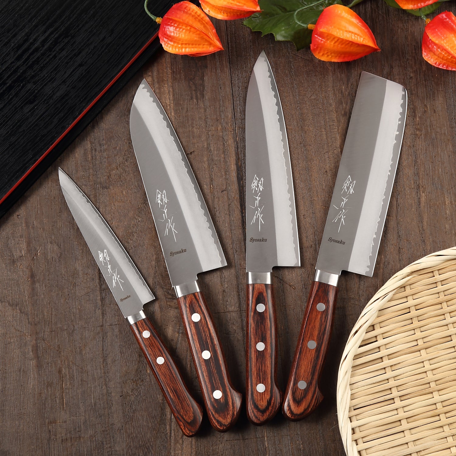 Syosaku Japanese Multi Purpose Best Sharp Kitchen Chef Knife VG-1 Gold Stainless Steel Mahogany Handle, Santoku 6.5-inch (165mm) with Magnolia Sheath