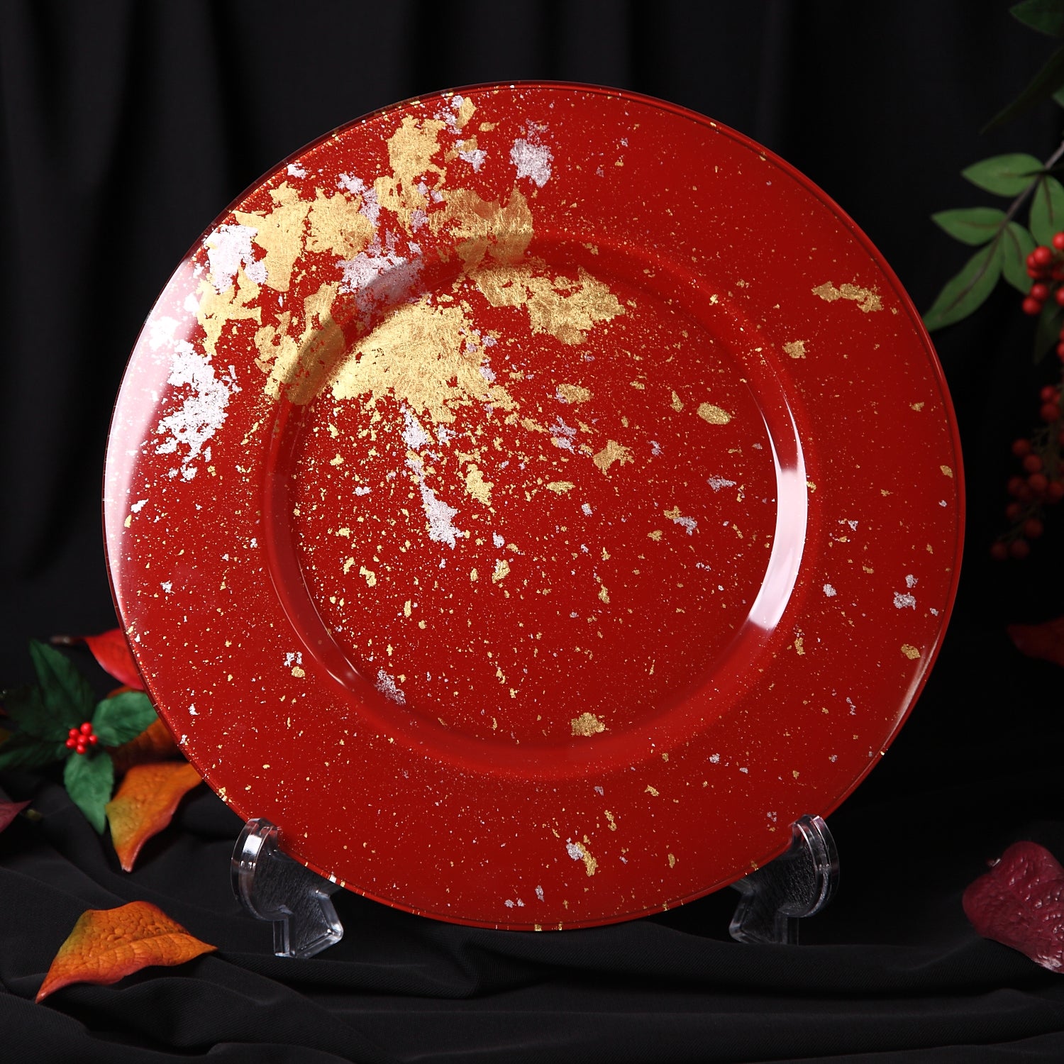 Syosaku Japanese Urushi Glass Charger Plate 13.9-inch (35cm) Vermilion with Gold Leaf, Dishwasher Safe