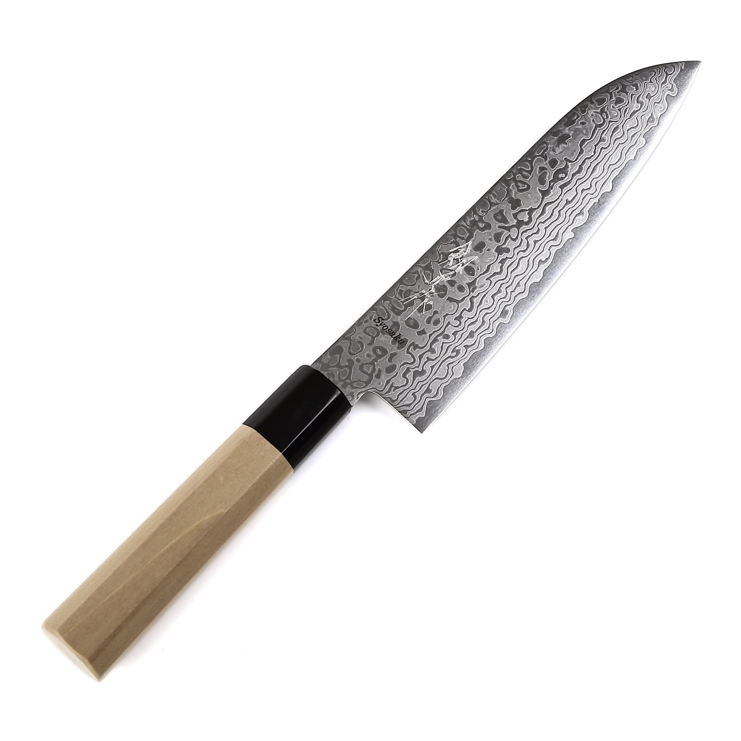 Syosaku Japanese Multi Purpose Chef Knife Damascus ZA18 69 Layer Octagonal Magnolia Wood Handle, Santoku 7-inch (180mm)