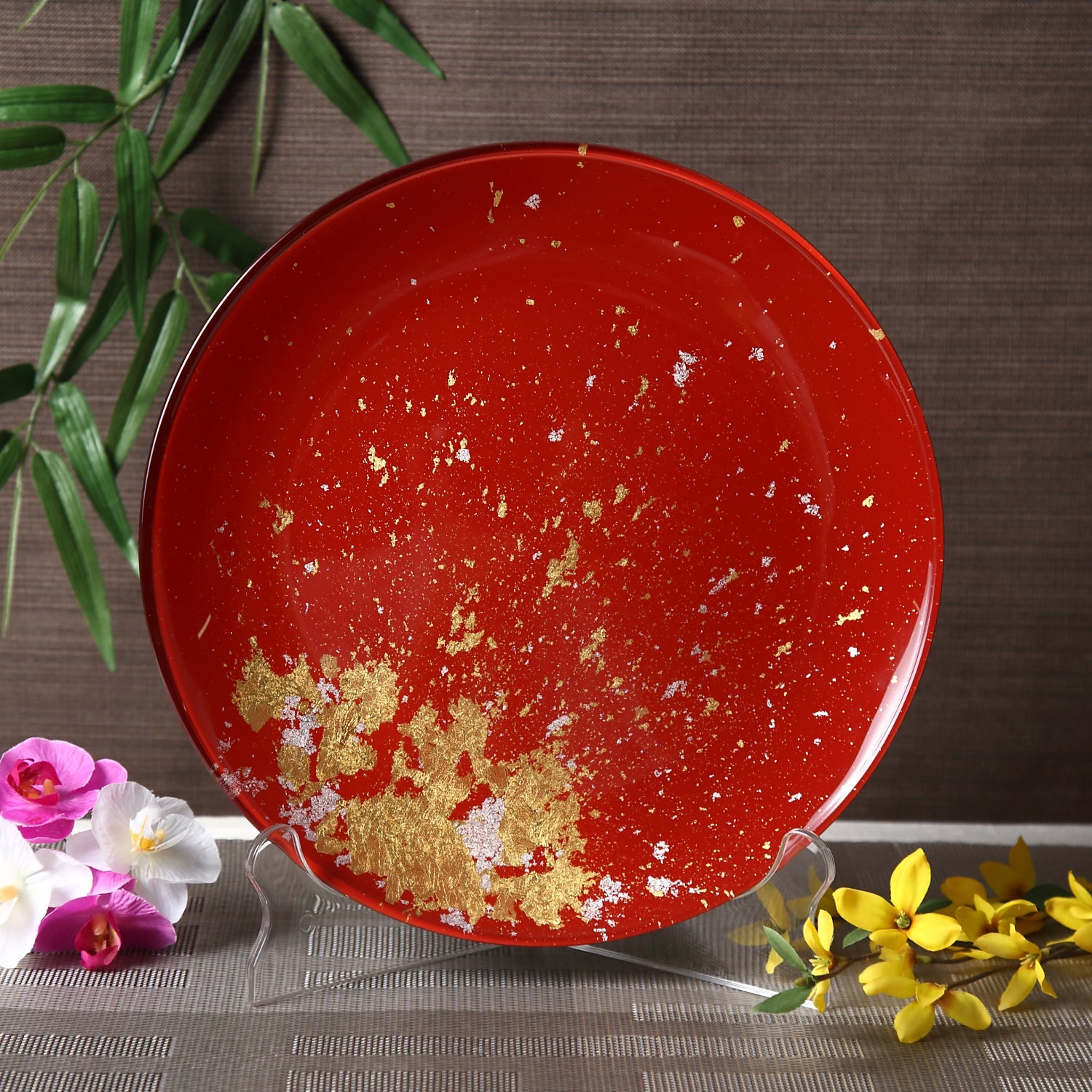 Syosaku Japanese Urushi Glass Flat Dinner Plate 11-inch (28cm) Vermilion with Gold Leaf, Dishwasher Safe