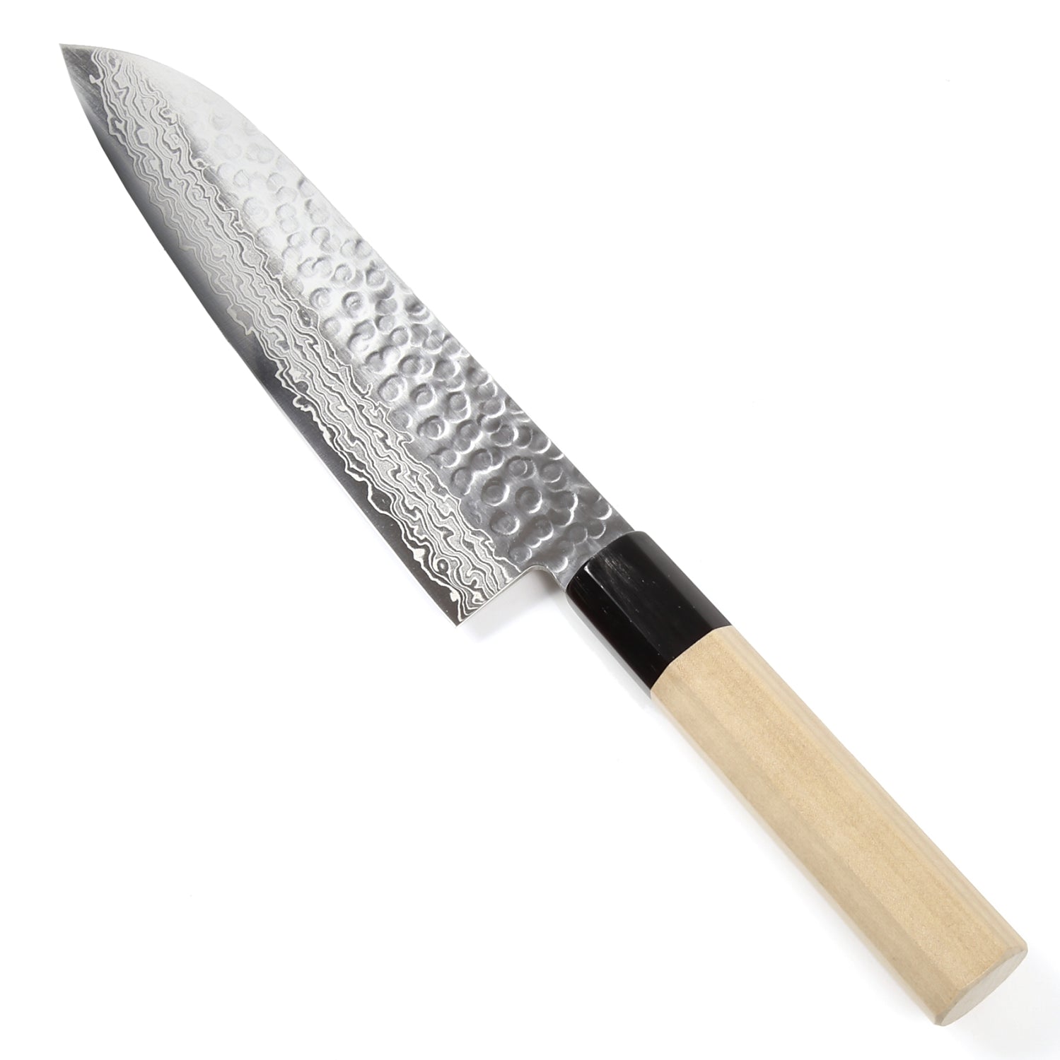 Syosaku Japanese Multi-Purpose Chef Knife Hammered Damascus VG-10 46 Layer Octagonal Magnolia Wood Handle, Santoku 7-inch (180mm)