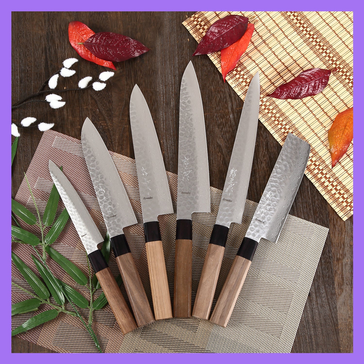 Syosaku Japanese Vegetable Knife Hammered Damascus VG-10 46 Layer Octagonal Walnut Handle, Nakiri 6.3-inch (160mm)