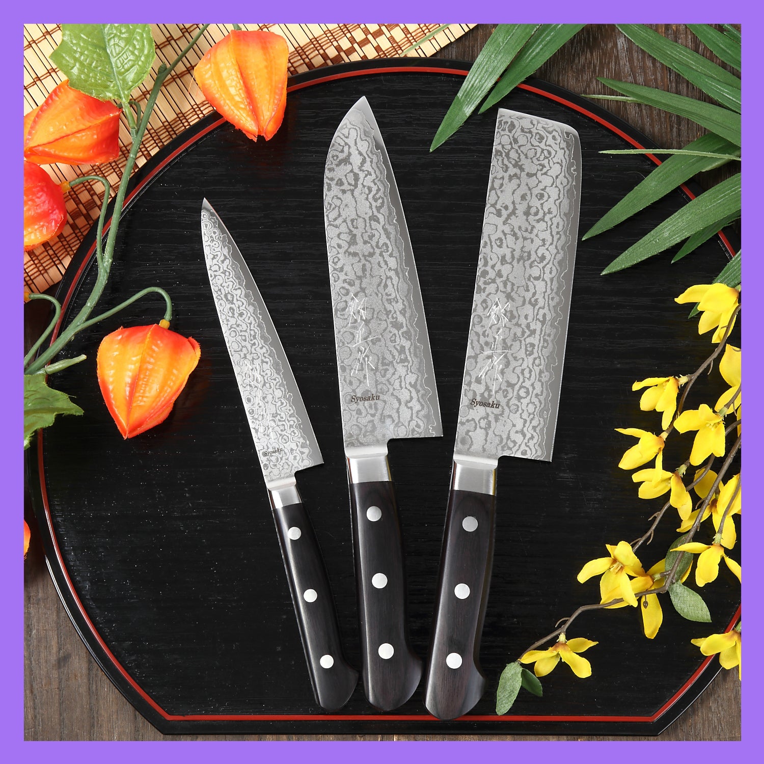 Syosaku Japanese Multi-Purpose Chef Knife Shaded Damascus VG-10 16 Layer Black Pakkawood Handle, Santoku 6.5-inch (165mm)
