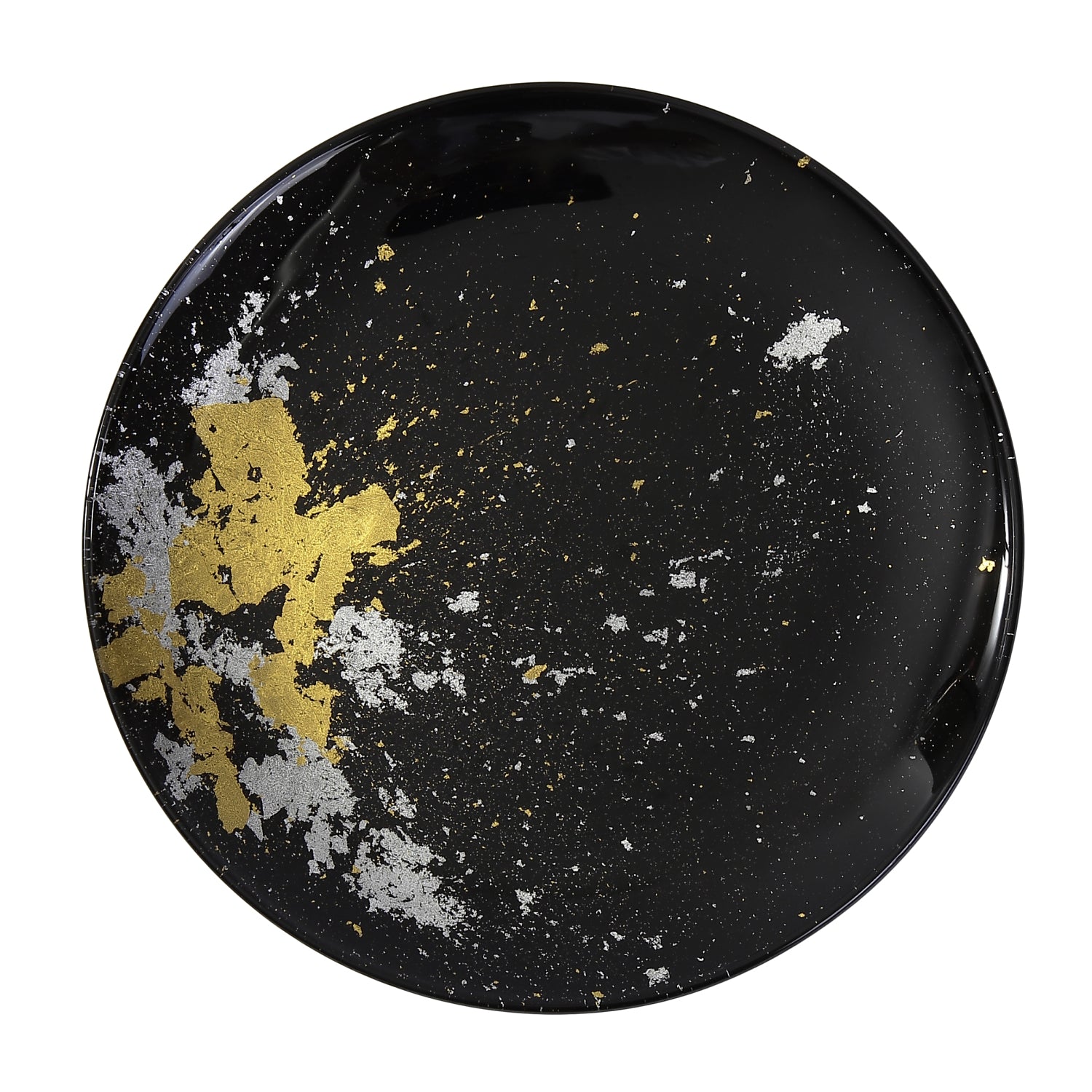 Syosaku Japanese Urushi Glass Flat Dinner Plate 11-inch (28cm) Jet Black with Gold Leaf, Dishwasher Safe