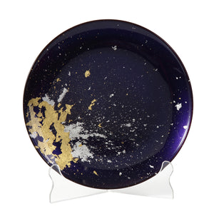 Syosaku Japanese Urushi Glass Flat Dinner Plate 11-inch (28cm) Majestic Blue with Gold Leaf, Dishwasher Safe