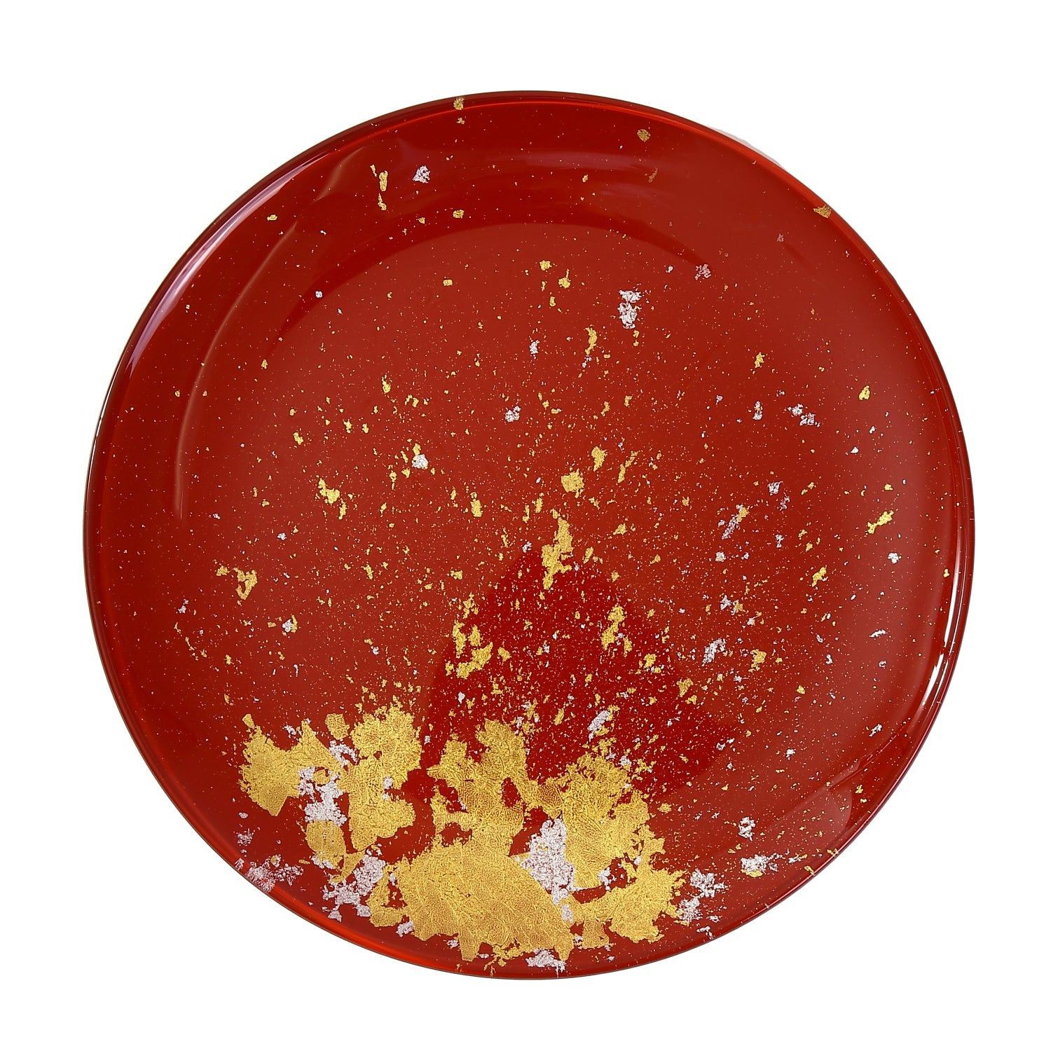 Syosaku Japanese Urushi Glass Flat Dinner Plate 11-inch (28cm) Vermilion with Gold Leaf, Dishwasher Safe