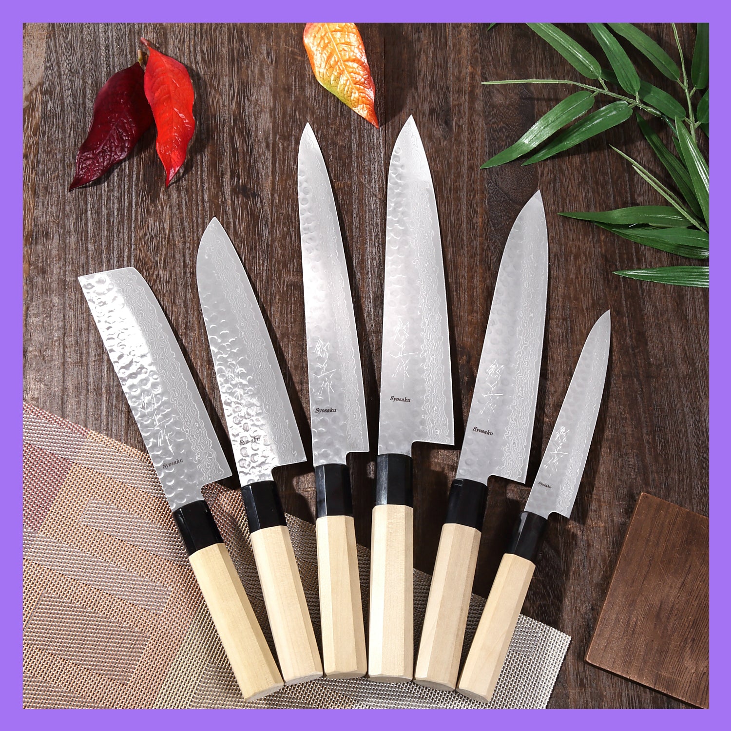 Syosaku Japanese Multi-Purpose Chef Knife Hammered Damascus VG-10 46 Layer Octagonal Magnolia Wood Handle, Santoku 7-inch (180mm)