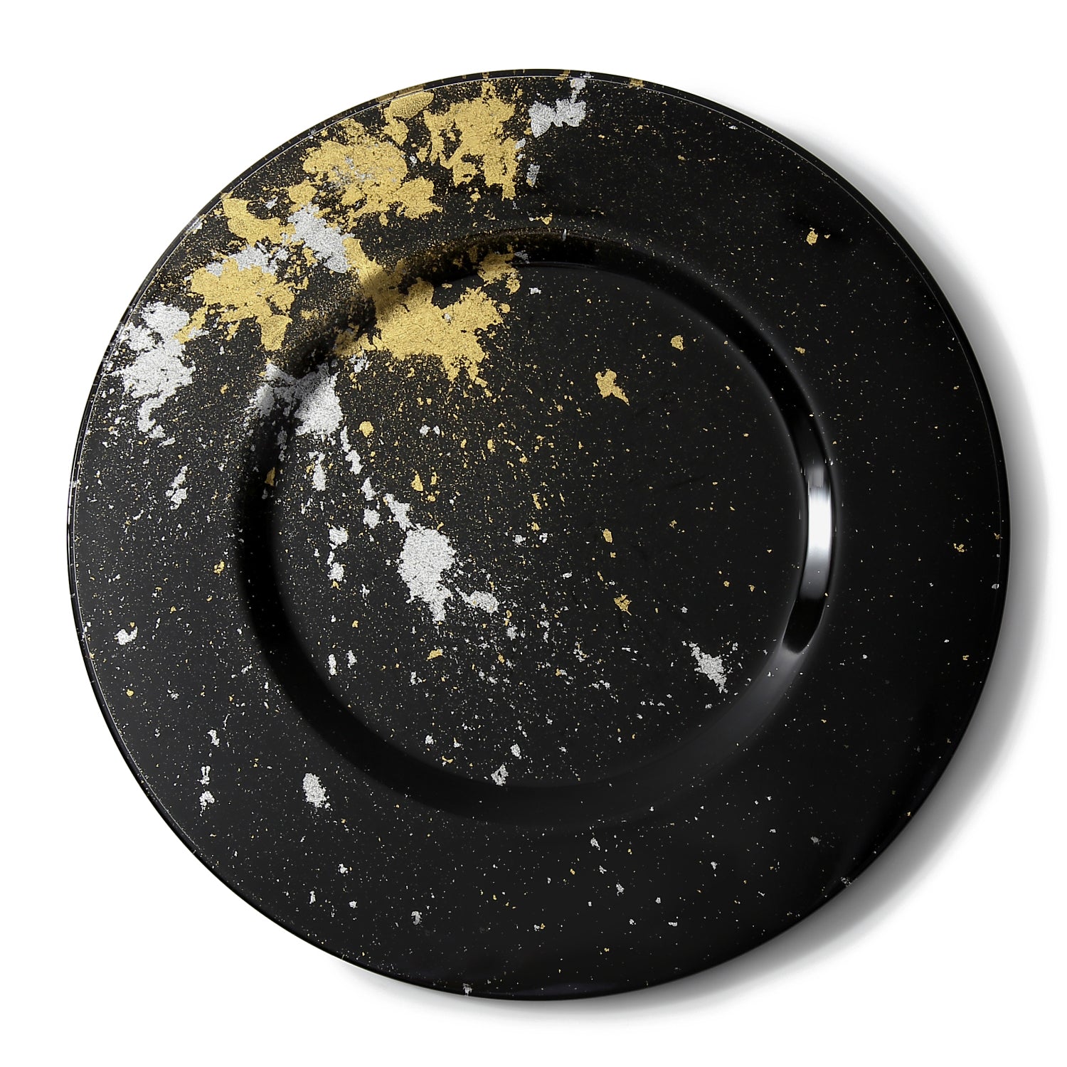Syosaku Japanese Urushi Glass Charger Plate 13.9-inch (35cm) Jet Black with Gold Leaf, Dishwasher Safe