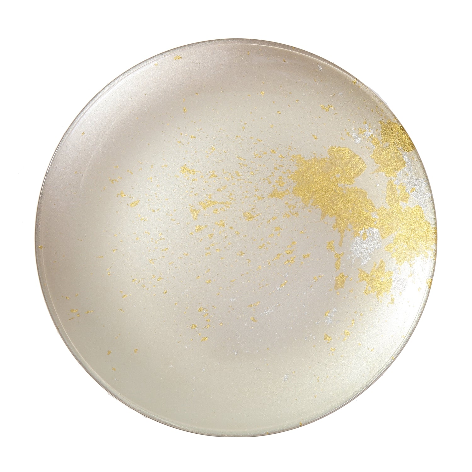 Syosaku Japanese Urushi Glass Flat Dinner Plate 11-inch (28cm) Majestic White with Gold Leaf, Dishwasher Safe