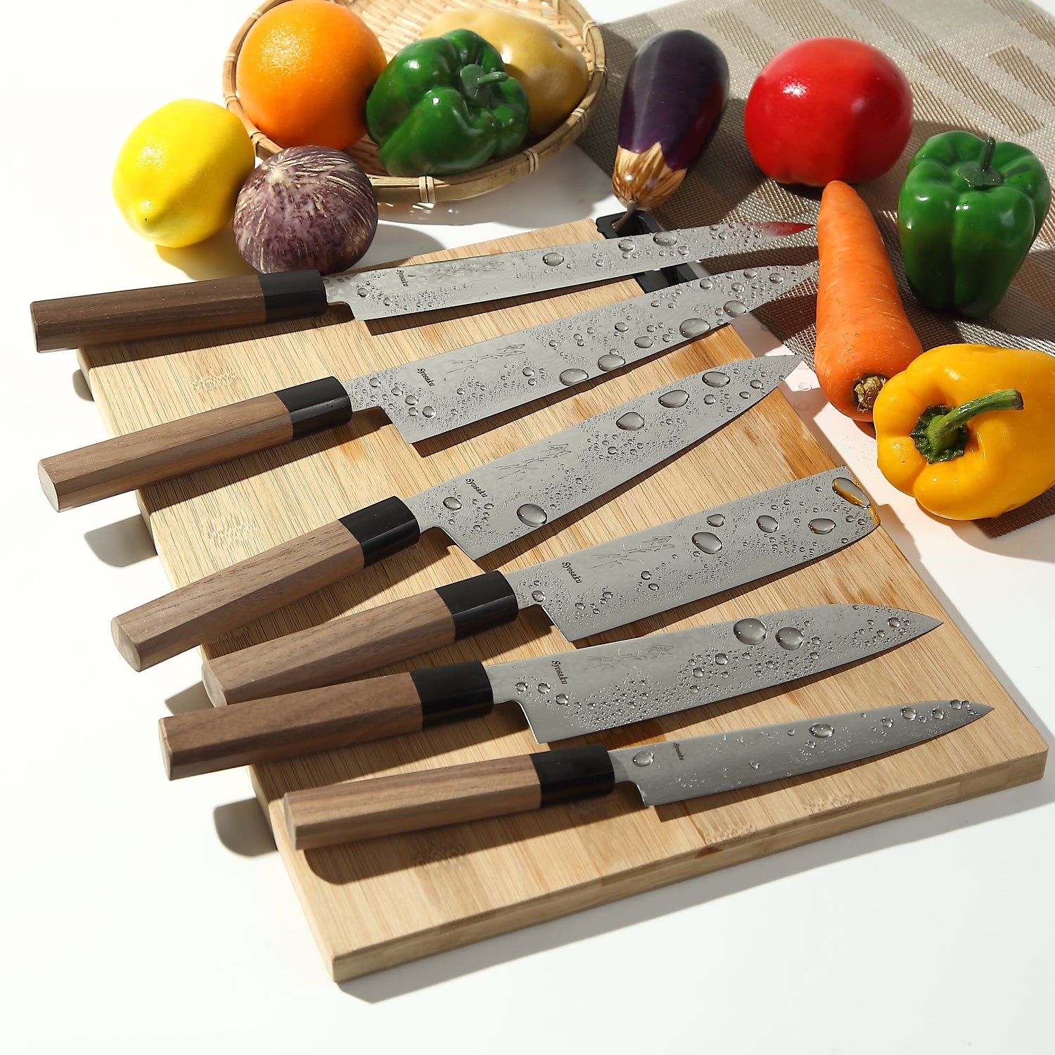 7-Piece Premium Walnut Kitchen Knife Set with Knife Block & Dual