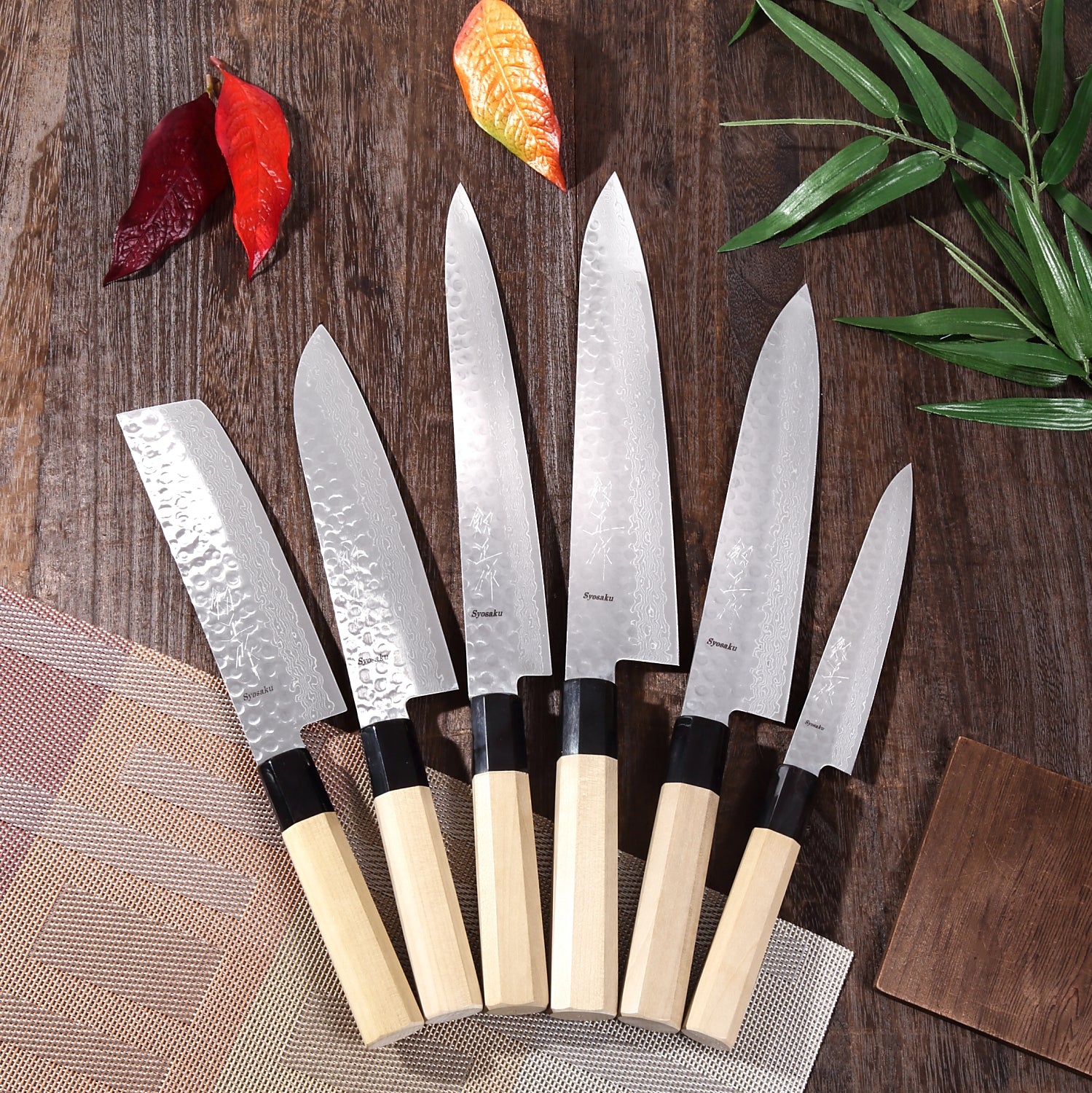 Syosaku Japanese Multi Purpose Best Sharp Kitchen Chef Knife Hammered Damascus VG-10 46 Layer Octagonal Magnolia Wood Handle, Santoku 7-inch (180mm)