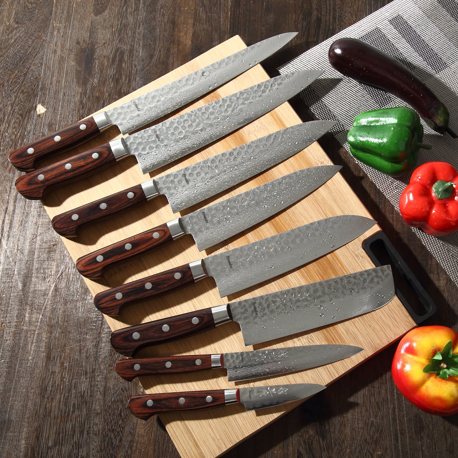 Syosaku Japanese Best Sharp Kitchen Chef Knife Hammered Damascus VG-10 16 Layer Mahogany Handle, Gyuto 9.5-inch (240mm)